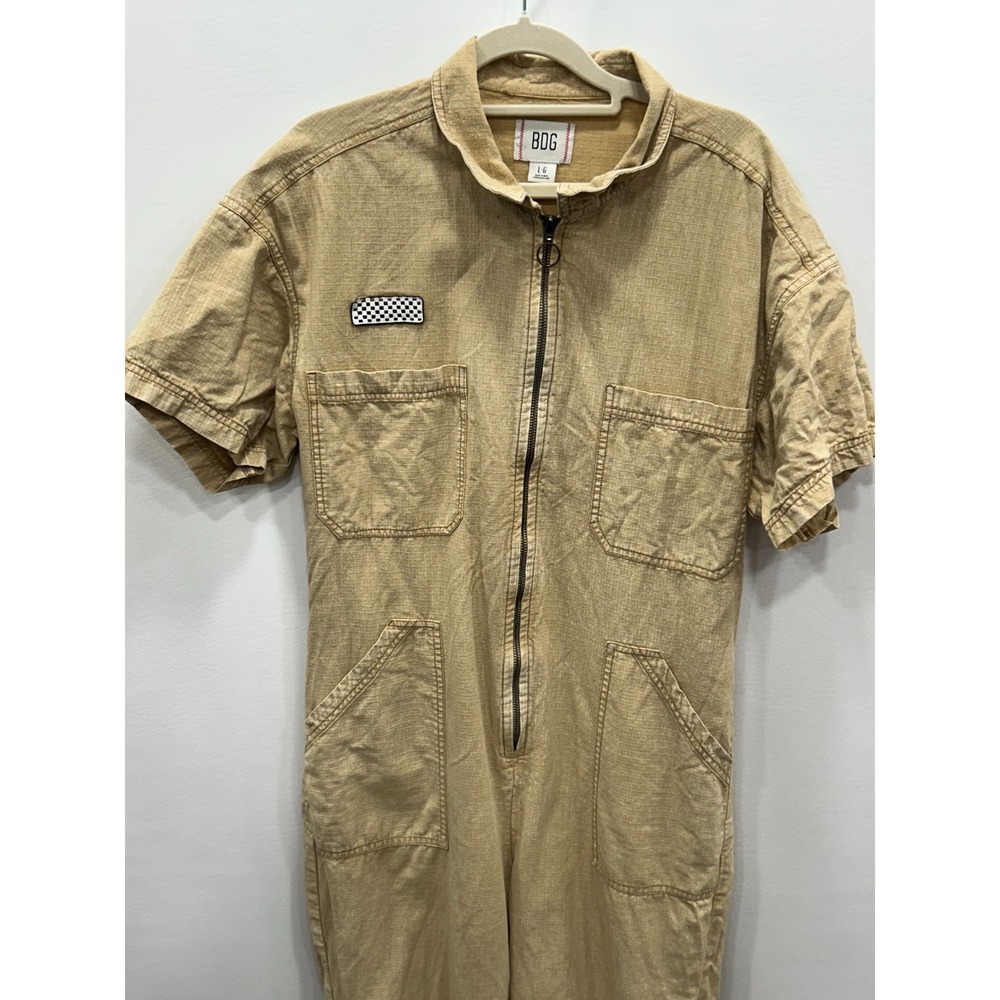 BDG Jumpsuit Womens Large Tan Cotton Utility Zip Front Short Sleeve Gorpcore - Picture 2 of 9